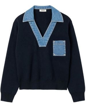 Sandro Sudadera con ribete vaquero y cuello en V - Azul