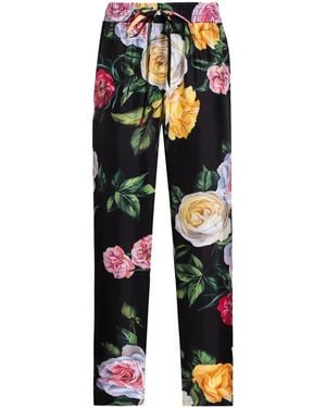 Dolce & Gabbana Silk Pants With Floral Motif - Black
