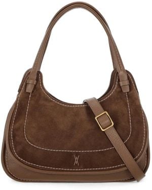 VISONA Suede Contrast-Stitching Shoulder Bag - Brown