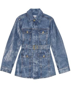 Ganni Belted Long-Sleeve Denim Jacket - Blue
