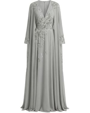 Saiid Kobeisy Embroidered Cape V-Neck Dress - Grey