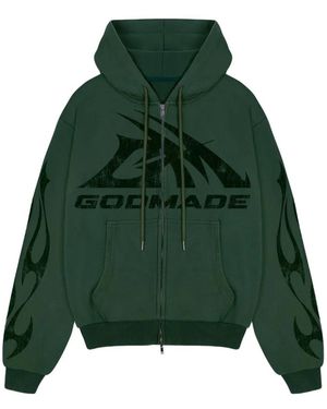 GODMADE Logo-Print Flame-Detail Hoodie - Green