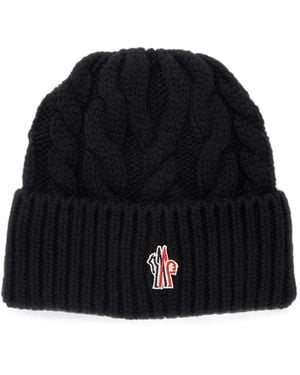 Moncler Cable-Knit Logo-Patch Beanie Hat - Black
