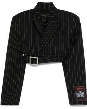 Jean Paul Gaultier Pinstripe Wool Cropped Tailored Jacket With Zip Off Belt - Black
