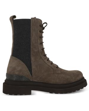 Brunello Cucinelli Lace-Up Monili-Trim Boots - Black