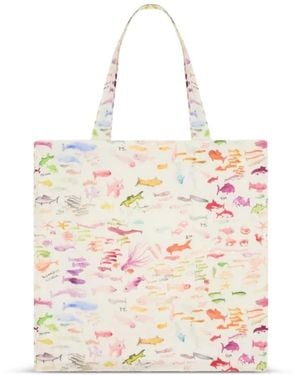 Vilebrequin X Fabrice Hyber Fish-Print Linen Beach Bag - White