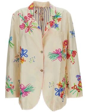 Péro Floral-Print Silk Blazer - White