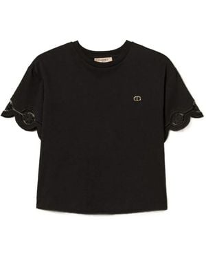 Twinset Scalloped-Lace Cotton T-Shirt - Black