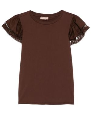 Twinset Lace Puff-Sleeved T-Shirt - Brown