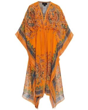 Etro Paisley Crochet-Detail V-Neck Midi Dress - Orange
