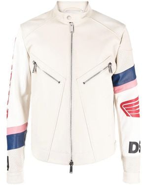 DSquared² Logo-Patch Leather Biker Jacket - Natural
