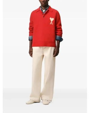 Ami Paris Holiday Capsule Intarsia Polo Jumper - Red