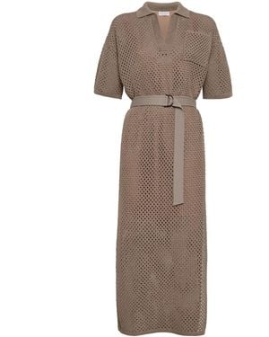 Brunello Cucinelli Net Cotton Knit Dress With Belt - Natural