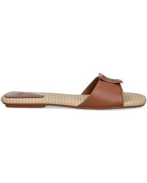 ARMANI EXCHANGE Logo-Plaque Leather Slides - Brown