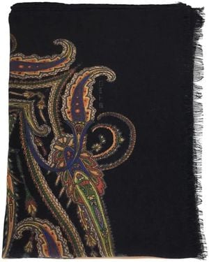 Etro Wool, Cashmere And Silk Scarf With Paisley Motif - Black