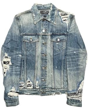 Amiri Bandana-Print Distressed Denim Jacket - Blue