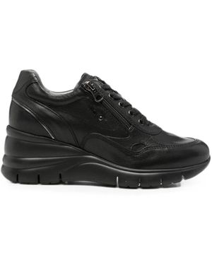 Nero Giardini Zip-Detail Leather Wedge Trainers - Black
