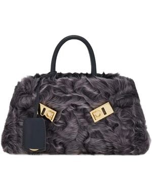Ferragamo Mini Hug Shearling-Front Cross Body Bag - Blue