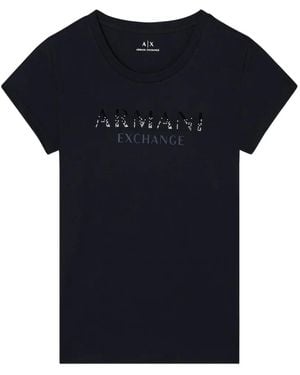 ARMANI EXCHANGE Rhinestone-Embellished Logo-Print T-Shirt - Blue