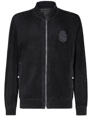 Billionaire Crest-Patch Leather Jacket - Black