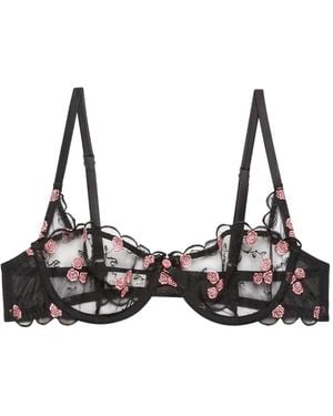 Fleur du Mal Rose Embroidered Scalloped Bra - Black