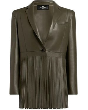 Etro Single-Breasted Leather Jacket With Fringing - Green