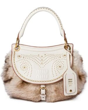 Miu Miu Rendez-Vous Shearling And Nappa Leather Bag With Metal Studs - White