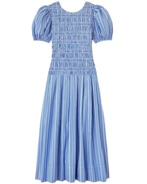 Ganni Striped Smocked-Waist Dress - Blue