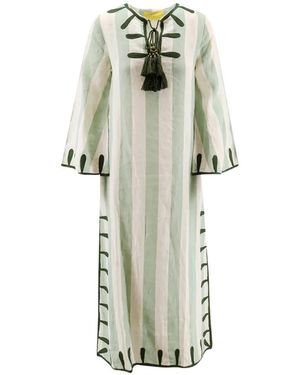 PHILIPPA 1970 Striped Embroidered Linen Long Dress - White