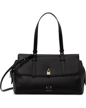 ARMANI EXCHANGE Logo-Print Padlock-Detail Tote Bag - Black