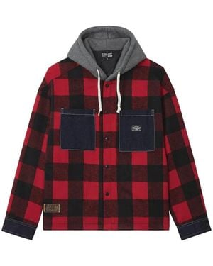 Izzue Check-Pattern Drawstring-Hood Jacket - Red