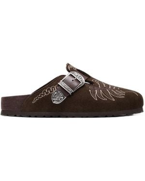 Birkenstock X Etro Boston Embroidered Buckle-Fastening Mules - Brown