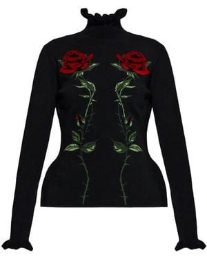 Blumarine Rose-Embroidered Peplum Sweater - Black