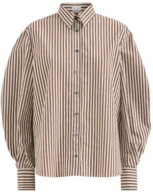 Brunello Cucinelli Striped Wrinkled Poplin Shirt With Monili - Natural
