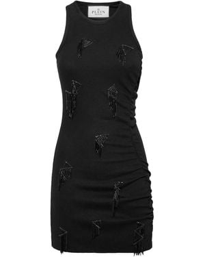Philipp Plein Fringe-Detail Ribbed Mini Dress - Black