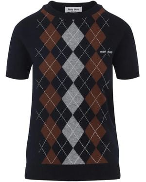 Miu Miu Argyle-Pattern Short-Sleeve Top - Black