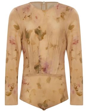 Magda Butrym Floral-Print Pleated Bodysuit - White