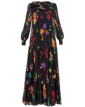 Nissa Robe Longue En Soie À Imprimée Graphique - Black
