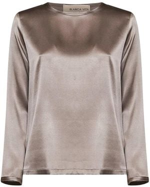 Blanca Vita Raw-Edge Long-Sleeve Blouse - Brown