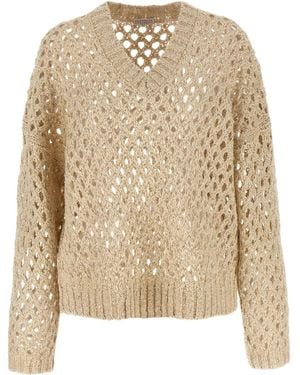 Brunello Cucinelli Crochet-knit V-neck Sweater - Natural
