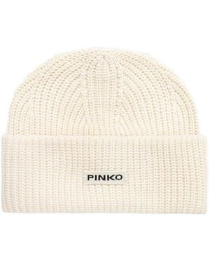 Pinko Logo-Patch Ribbed-Knit Beanie Hat - Natural