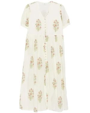 ELLEBLUE Robe Mi-Longue Gemma Fleurie À Manches Courtes - White