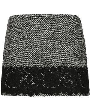 Dolce & Gabbana Short Micro-Tweed Skirt With Lace Insert - Grey