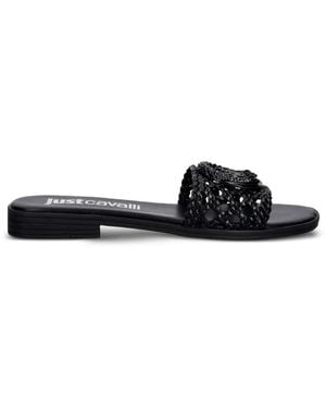 Just Cavalli Logo-Plaque Woven Flat Sandals - Black