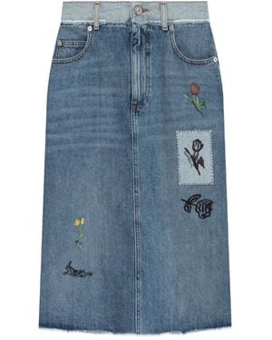Marni Embroidered-Floral Denim Midi Skirt - Blue