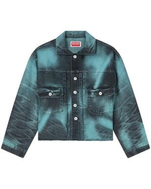 KENZO Boke Flower Logo-Print Raw-Cut Denim Jacket - Blue