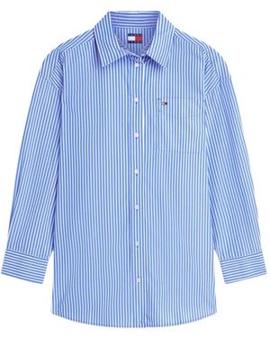 Tommy Hilfiger Vertical-Stripe Logo-Patch Oversized Shirt - Blue