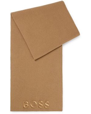 BOSS Logo-Embroidered Virgin-Wool Scarf - Brown