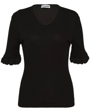 Jil Sander Ruffled-Cuff Ribbed Top - Black