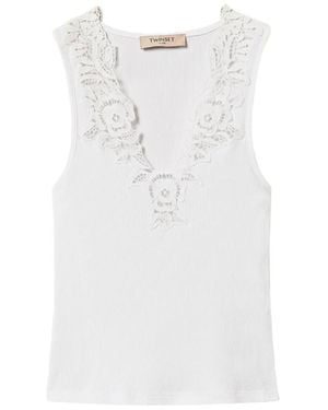 Twinset Ribbed Top With Lace - White